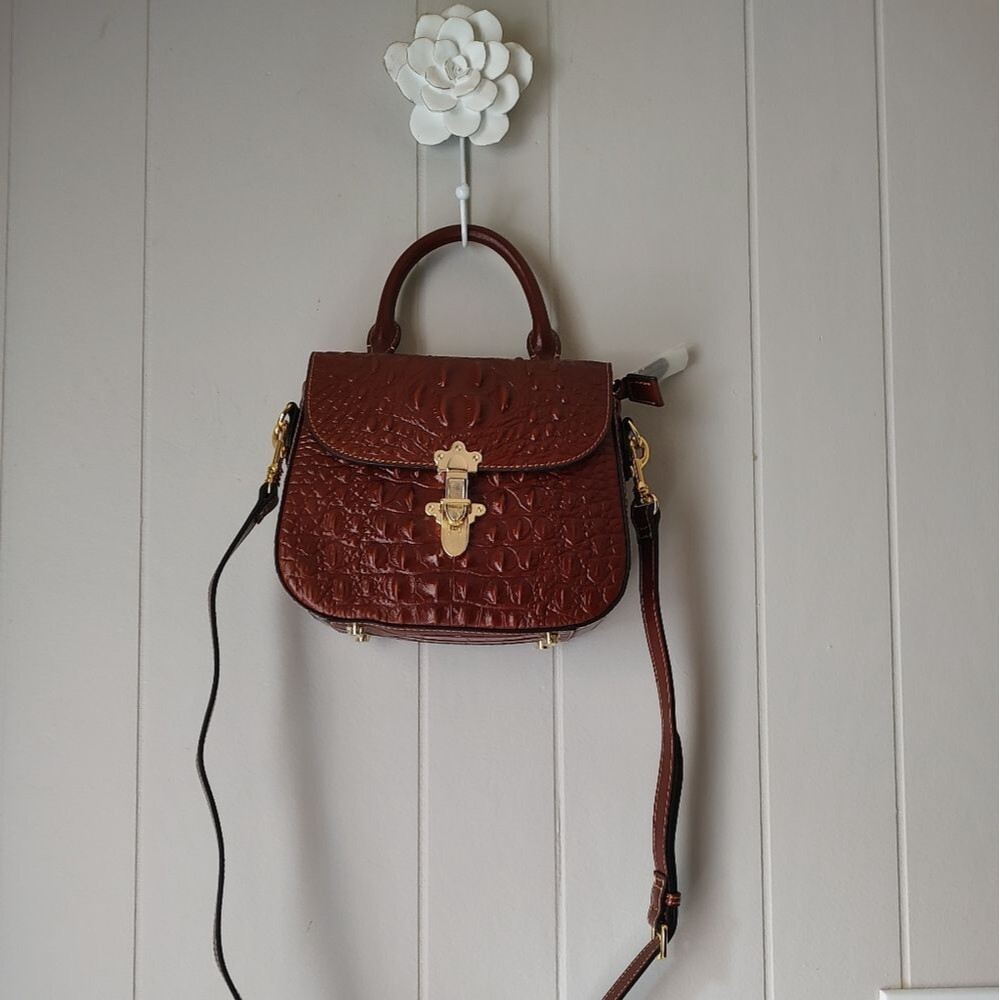 Brown Structured Crocodile Pattern Leather Handba… - image 3